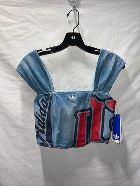 adidas Light Blue Denim-Inspired Graphic Crop Top with Red Accent size 6